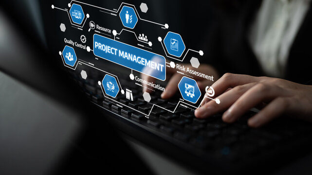 A close-up view of hands typing on a keyboard surrounded by digital graphics displaying project management elements, emphasizing teamwork and strategic planning. Tessel - Powered by Adobe