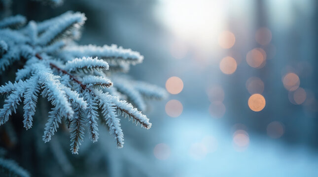 Frosted evergreen branch with bokeh lights in a winter wonderland - Powered by Adobe