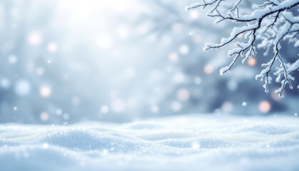 Winter wonderland scene with snow-covered branches and soft bokeh lights
