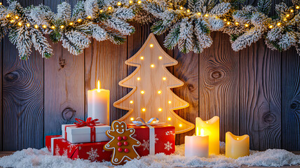 Wooden Christmas tree with lights, candles, gifts, gingerbread cookie, and snowy pine garland on rustic background