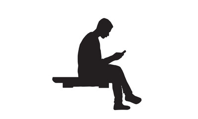 Silhouette of Person Sitting on Bench Using Mobile Phone &ndash; Minimal Black Vector Illustration for Modern Digital Lifestyle Themes