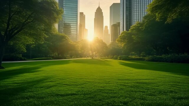 Green meadow and urban skyscrapers gleaming in the morning sunlight, trees providing shade, serene city park landscape with towering architecture.