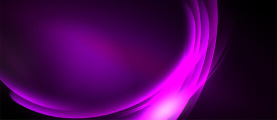Abstract purple swirls dominate image. Smooth gradients create flowing, luminous effect against black background. Modern design.