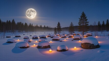 Soft light from candles glows warmly on snow-covered rocks in a quiet forest. A bright full moon hangs above, casting a magical atmosphere in the winter night sky.