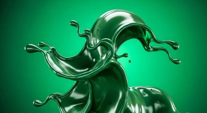 Green liquid splash with drops. Dynamic abstract design for cosmetic product, beverage, or paint. Concept for the color of 2026.