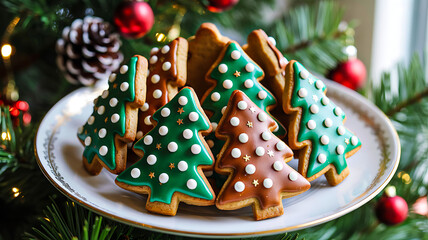 Christmas tree-shaped cookies with icing and candy dots on white plate, surrounded by festive branches and ornaments