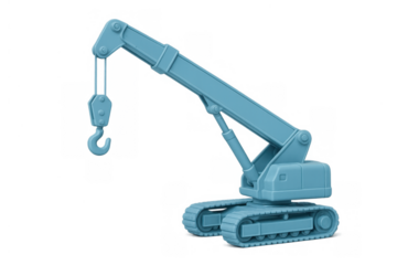 Blue toy crawler crane lifting heavy loads with boom and hook, representing construction, engineering, and development on transparent background