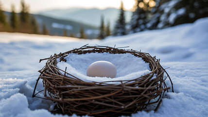 Bird’s nest with single egg on snowy surface, winter forest and mountain background under cloudy sky