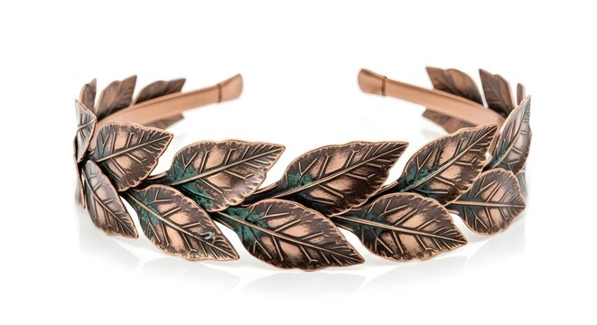 Bronze or copper metal headband with detailed laurel leaf design for boho wedding or ancient greek costume accessory.