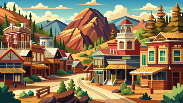 Very beautiful historic Deadwood landscape showcasing classic Old West architecture nestled within a scenic South Dakota mountain setting, featuring rustic wooden buildings, winding streets, and fores