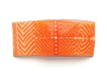 Fresh raw salmon fillet with bright orange color and detailed marbling texture, isolated on a clean white background.