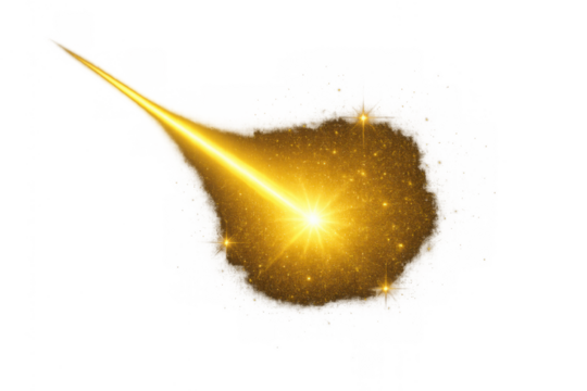 Golden light beam shining brightly, creating a sparkling dust cloud and glowing light effect. Transparent background