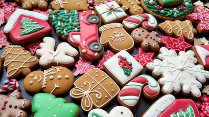 Gingerbread, Christmas cookies, and ornamental holiday baked goods. Christmas gingerbread as a backdrop for your design - Powered by Adobe