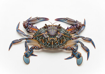 Colorful blue crab on a white background showing detailed shell patterns, claws, and texture, perfect for seafood or marine photography.