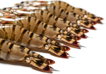 Close-up of fresh raw tiger prawns arranged in a neat row, showing their glossy shells and distinctive dark stripes on a white background.