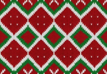 Festive seamless knitted pattern with red, green, white diamonds