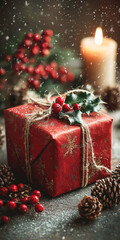 Red Christmas Present, adorned with Pine Cones and Holly Leaves