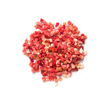 pieces of freeze-dried strawberries on a white background