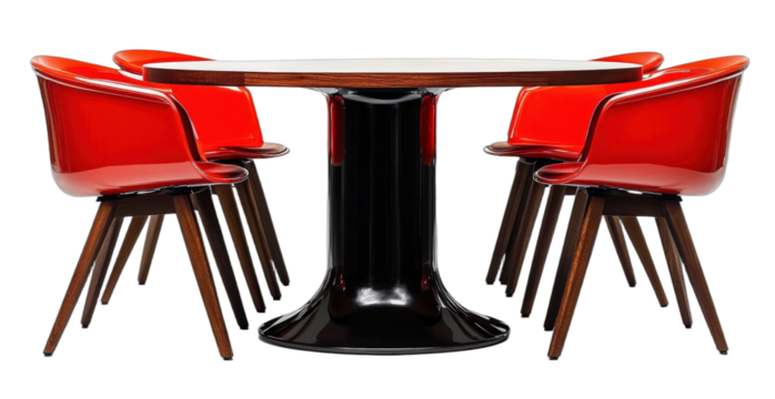 Modern dining table with red chairs for contemporary interior design