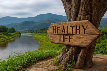 Wooden sign points towards healthy life amidst scenic natural landscape