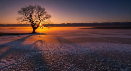 Lone tree at sunrise over frozen lake in winter landscape