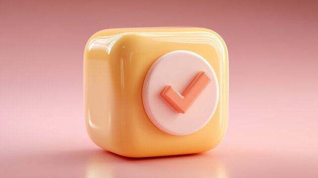 A three dimensional checkmark icon presented as a symbol of confirmation reliability and successful completion within modern communication contexts.
