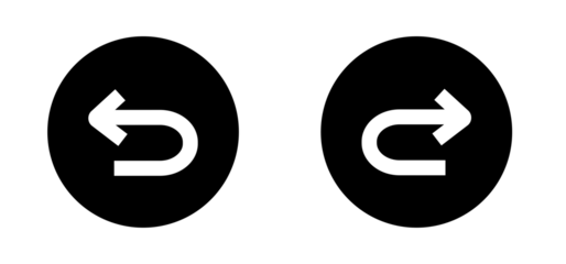undo and redo button icon. white back and forward arrow icon inside black circle