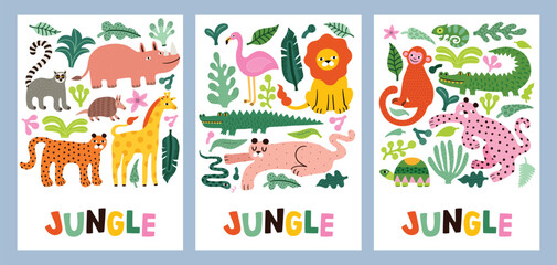 Childish jungle poster with cute lion, crocodile, giraffe, leopard, lemur, rhino, chameleon, turtle, monkey. Perfect for fabric, textile, nursery posters, greeting cards.