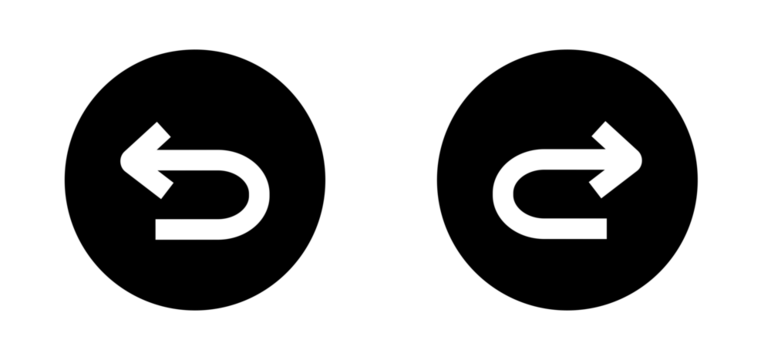 undo and redo button icon. white back and forward arrow icon inside black circle
