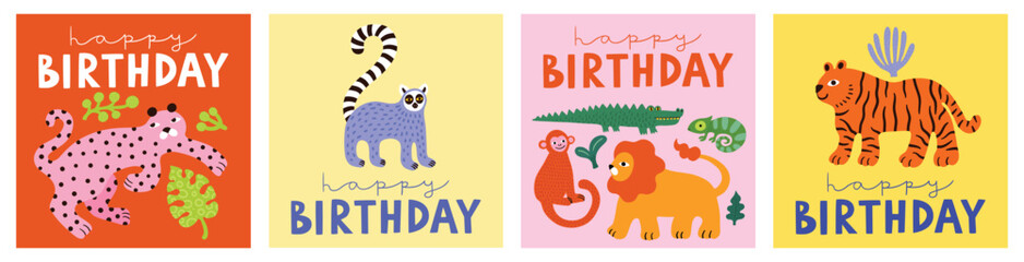 Set of birthday greeting cards with leopards, crocodile, monkey, lemur, chameleon, lion, tiger, floral elements. Bright funny doodle style, simple.