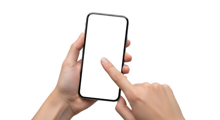 Hands Holding Smartphone and Pointing at Blank Screen isolated on transparent background