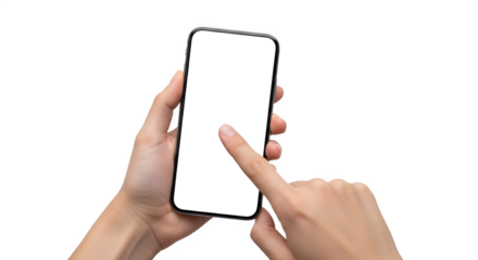 Hands Holding Smartphone and Pointing at Blank Screen isolated on transparent background