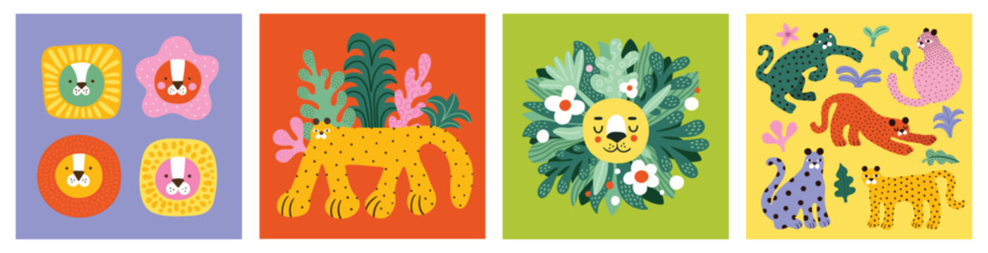 Collection of jungle safari background cards set with lion, leopard, lion heads or faces. Editable vector illustration for birthday invitation,postcard and website banner. Funny simple style.