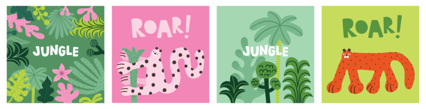 Design print of a cute funny leopard. Nursery print with wild cat, tropical plants and lettering quote roar, jungle. For birthday invitation, baby shower, card, poster, clothing.