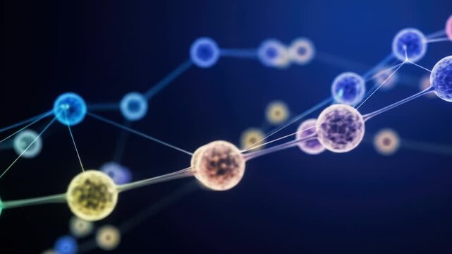 Molecular network of glowing colored spheres connected by lines against dark blue background