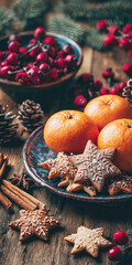 Christmas Scene with Mandarins and Cookies on the table with Christmas Decorations
