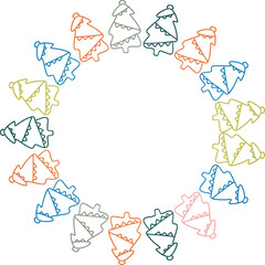 Colorful bright pine tree frame. Festive greeting template with Christmas tree elements