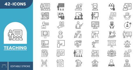 42 Teaching Icons Set in Modern Vector Style for Education, Learning, Classroom, Online Courses, Training, School, Student Tools, and e-Learning – Fully Editable.