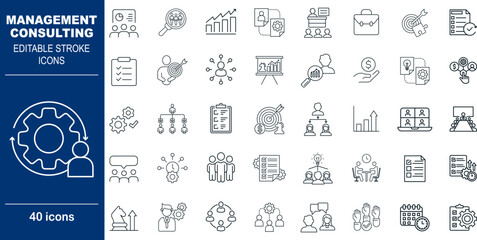 Management Consulting and Strategy Vector Icons. Set of 40 editable stroke symbols for organizational development, process optimization, and business analysis. Includes gears and growth charts