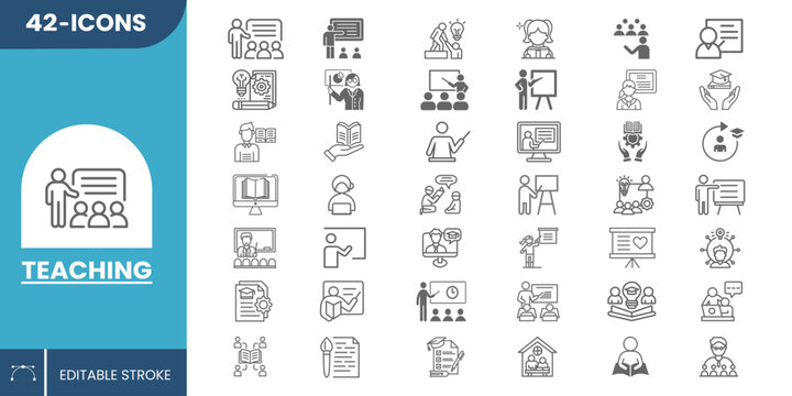42 Teaching Icons Set in Modern Vector Style for Education, Learning, Classroom, Online Courses, Training, School, Student Tools, and e-Learning – Fully Editable. - Powered by Adobe