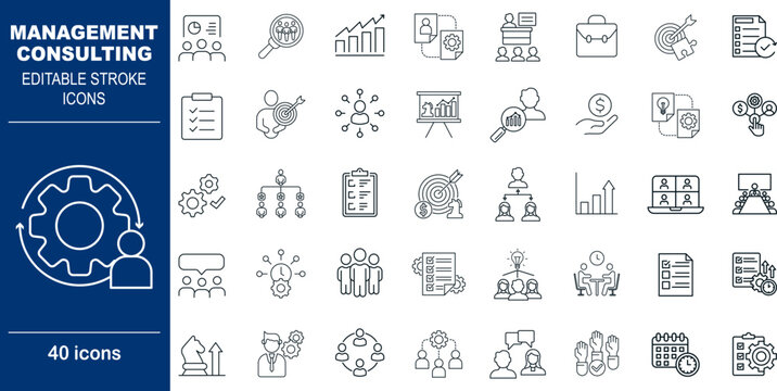 Management Consulting and Strategy Vector Icons. Set of 40 editable stroke symbols for organizational development, process optimization, and business analysis. Includes gears and growth charts