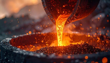 Molten metal pouring into a crucible in a foundry, showcasing intense heat and an industrial manufacturing process.
