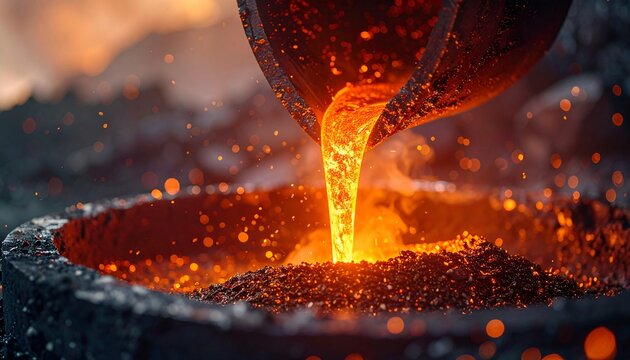 Molten metal pouring into a crucible in a foundry, showcasing intense heat and an industrial manufacturing process.