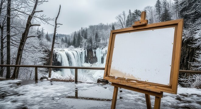 Blank artist easel in snowy forest with winter waterfall view