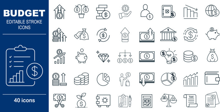 Budget and Finance Planning Vector Icons. Set of 40 editable stroke symbols for accounting, savings, and investment tracking. Includes charts, calculator, and financial growth