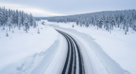 Obraz premium Snowy road curving through dense winter forest under cloudy sky