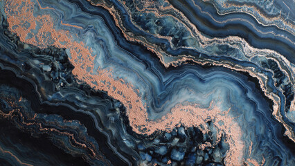 Luxurious blue and rose gold agate texture with swirling patterns, resembling elegant natural stone or fluid art.