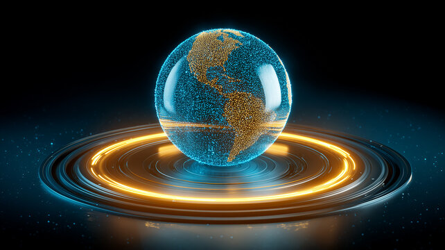 A digital Earth globe surrounded by glowing data rings symbolizes global connectivity, communication networks and the flow of information in technology.
