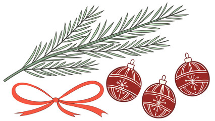 christmas pine branches with red ribbon bow and ornaments holiday decoration illustration design