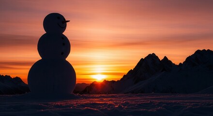 Snowman silhouette at sunset in snowy mountain landscape